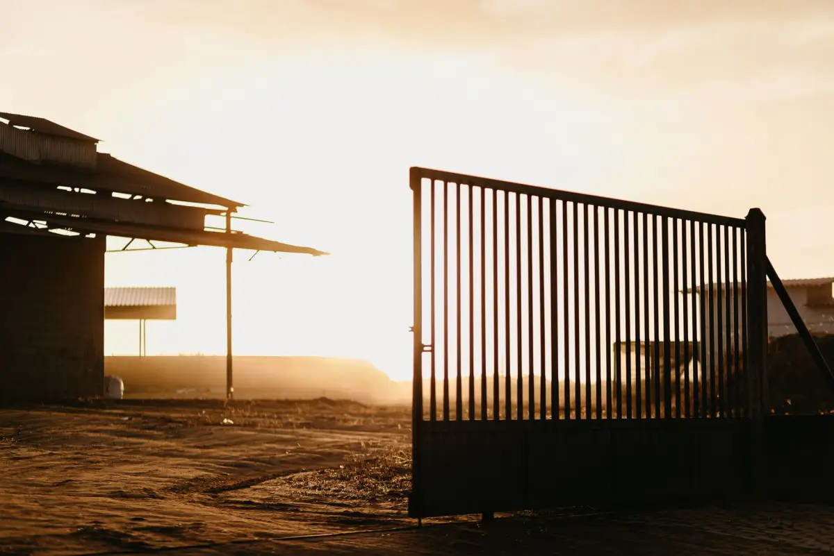 Black steel sliding gate closed across a property entrance at sunset