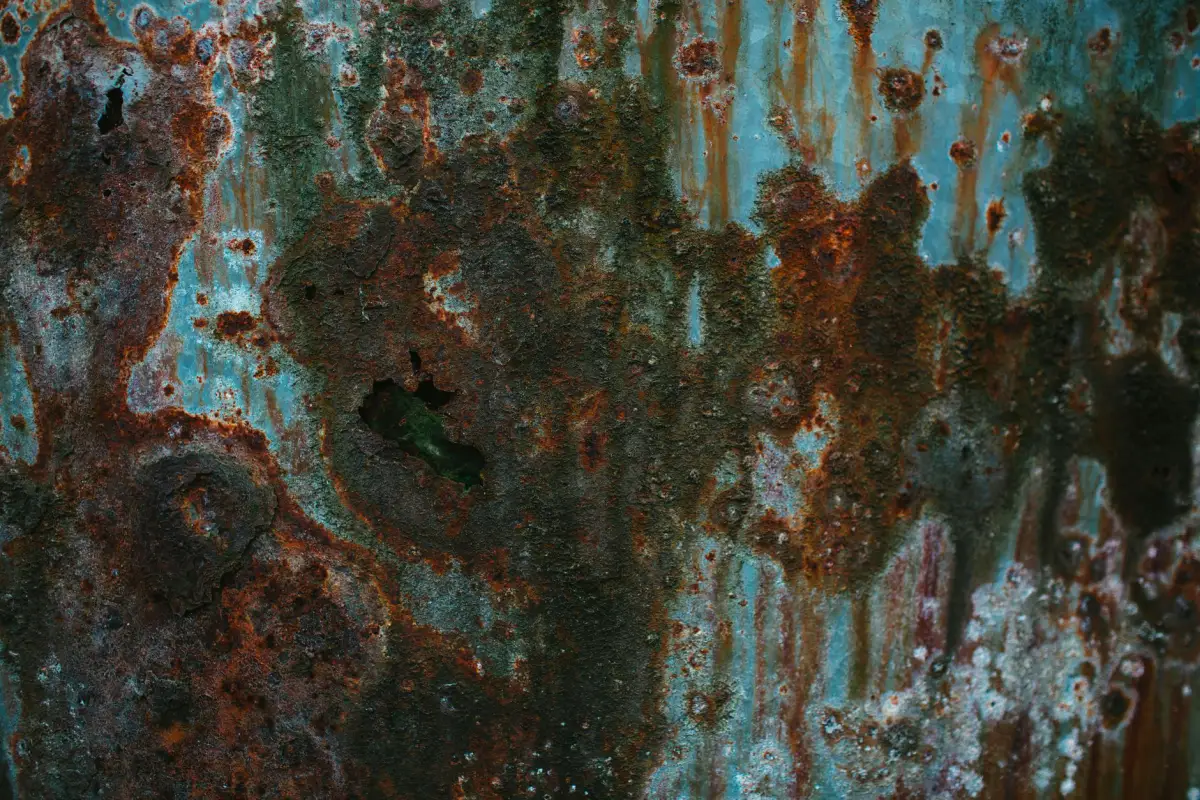 Heavy corrosion and blistering paint across a painted steel gate panel