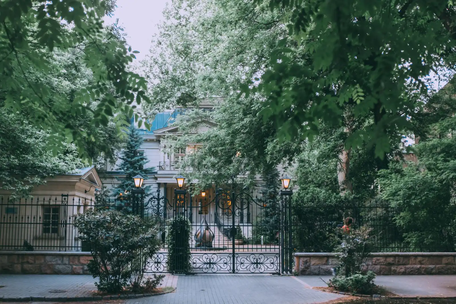 Ornamental iron driveway gate and matching fence at the entrance to a tree-lined residential property