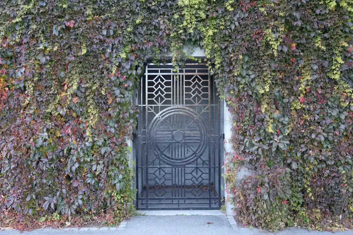 Geometric metal walk-through gate set into an ivy-covered garden wall