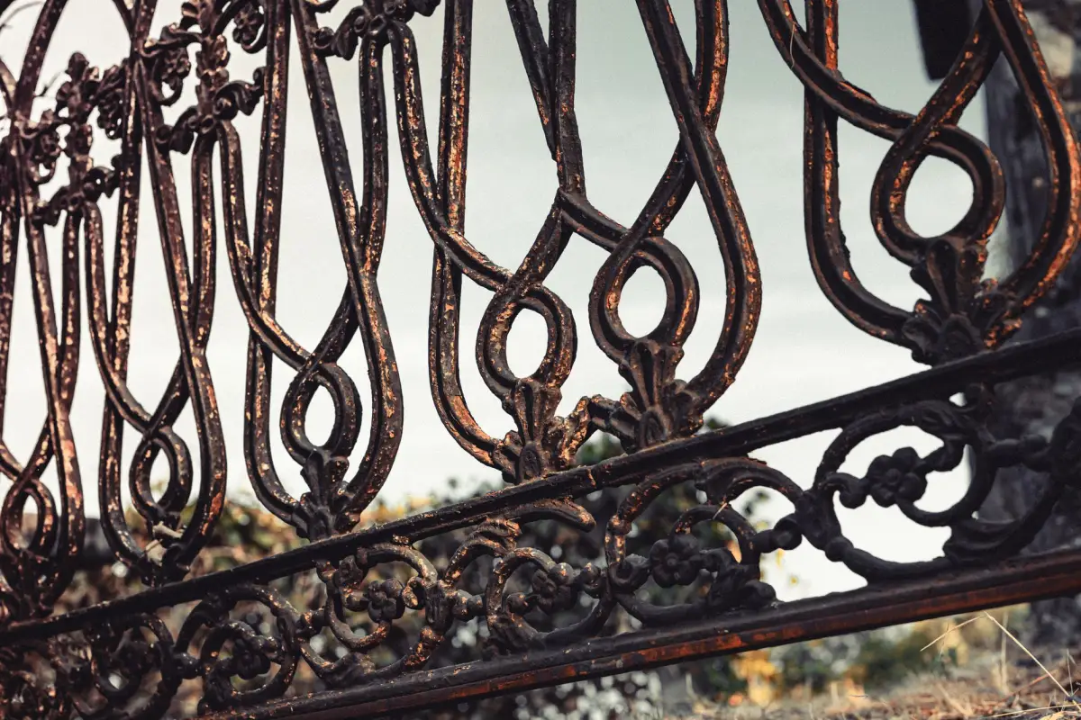 Weathered wrought iron gate scrollwork showing surface corrosion across interlocking curls