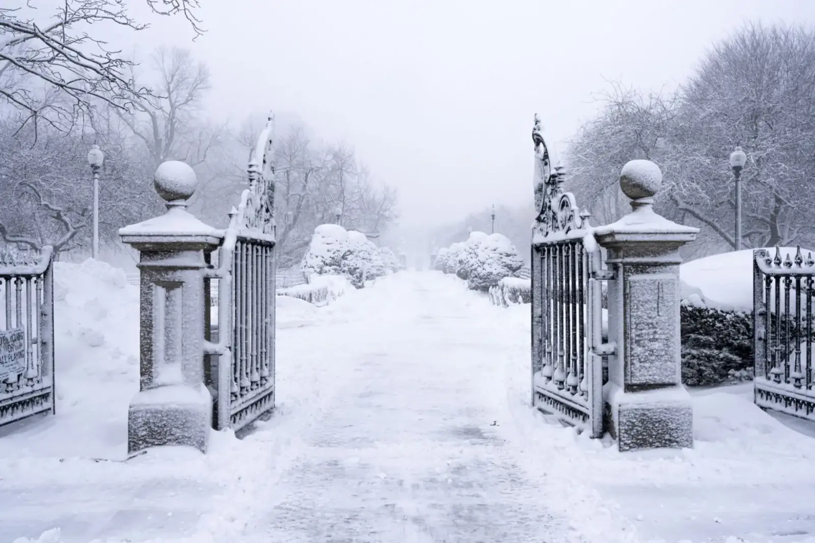 Ornamental iron gates hung between stone piers at a snow-covered drive in heavy fog
